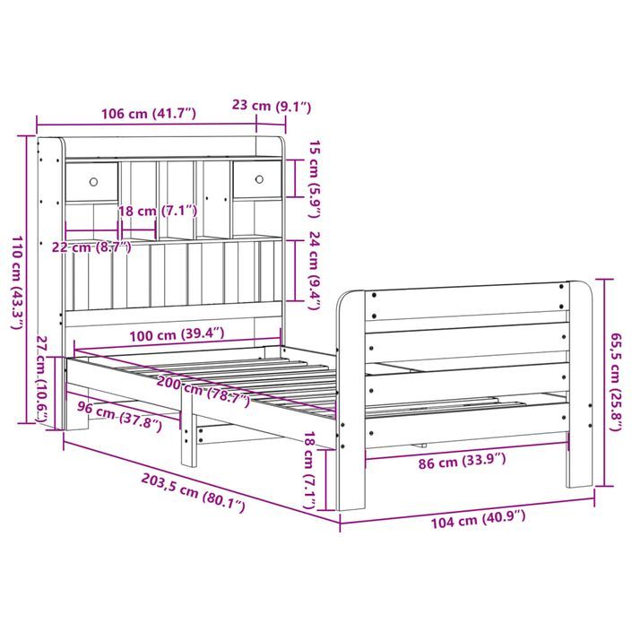 Lit bibliothèque sans matelas 100x200 cm bois massif de pin - Photo n°11