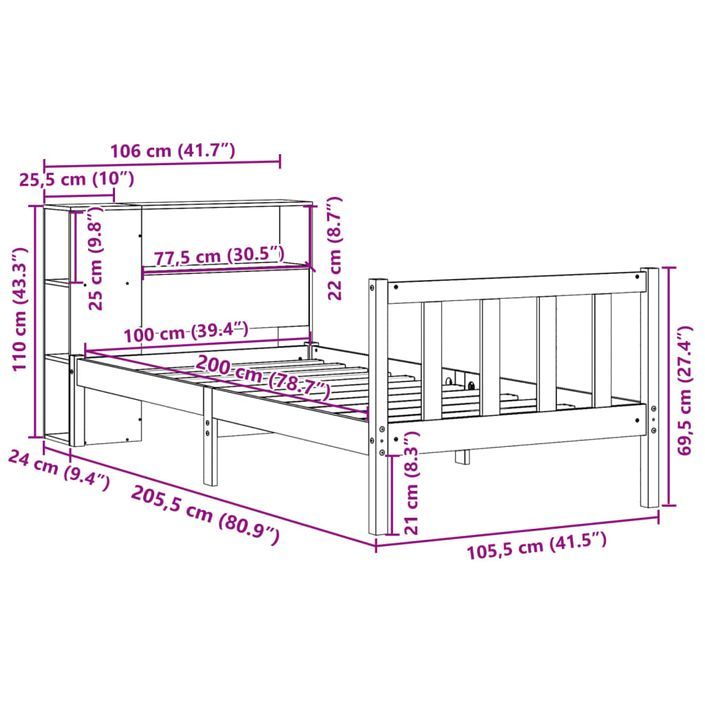 Lit bibliothèque sans matelas 100x200 cm bois massif de pin - Photo n°11