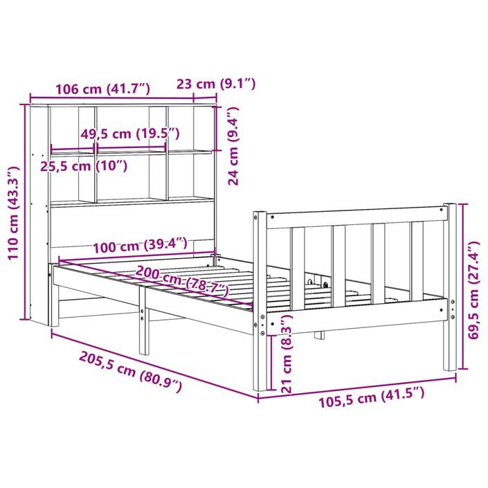 Lit bibliothèque sans matelas 100x200 cm bois massif de pin - Photo n°11