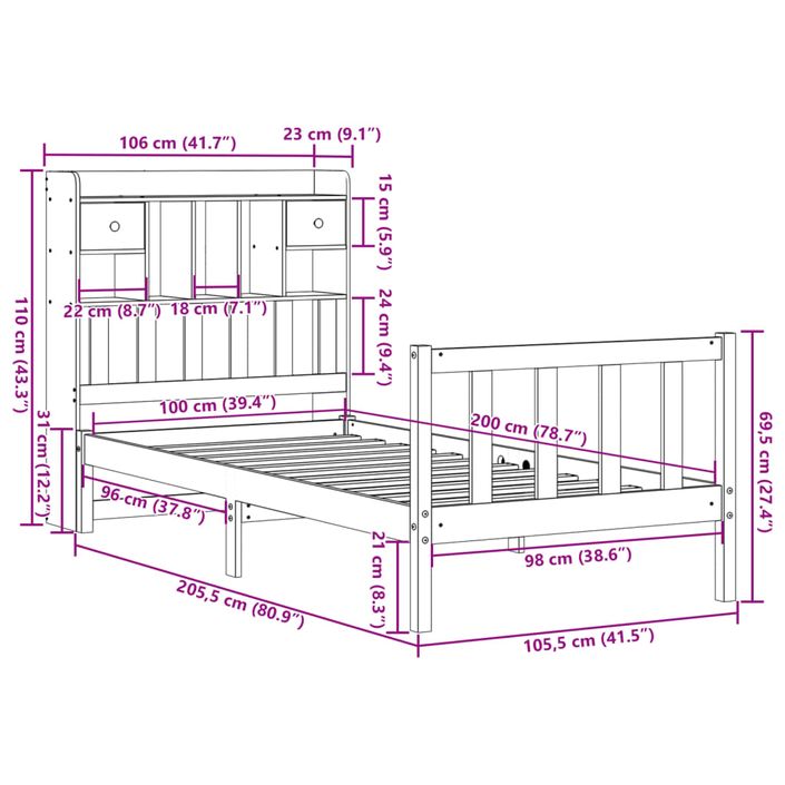 Lit bibliothèque sans matelas 100x200 cm bois massif de pin - Photo n°11