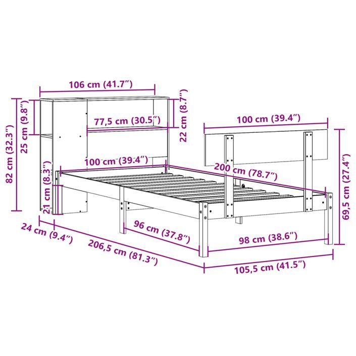 Lit bibliothèque sans matelas 100x200 cm bois massif de pin - Photo n°11