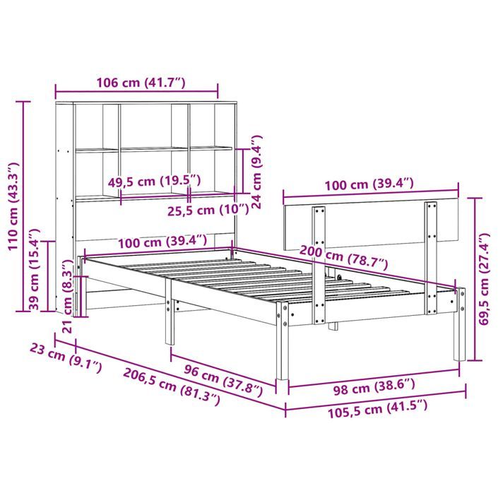 Lit bibliothèque sans matelas 100x200 cm bois massif de pin - Photo n°11