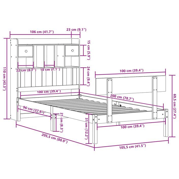 Lit bibliothèque sans matelas 100x200 cm bois massif de pin - Photo n°11