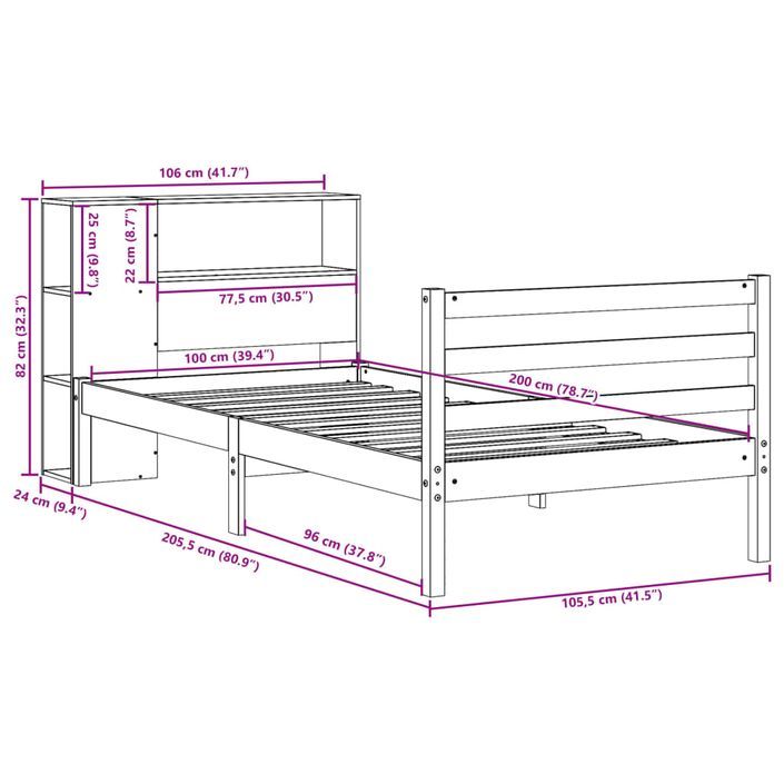 Lit bibliothèque sans matelas 100x200 cm bois massif de pin - Photo n°11