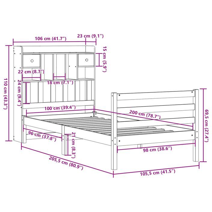 Lit bibliothèque sans matelas 100x200 cm bois massif de pin - Photo n°11