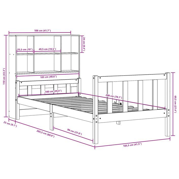 Lit bibliothèque sans matelas 100x200 cm bois massif de pin - Photo n°12