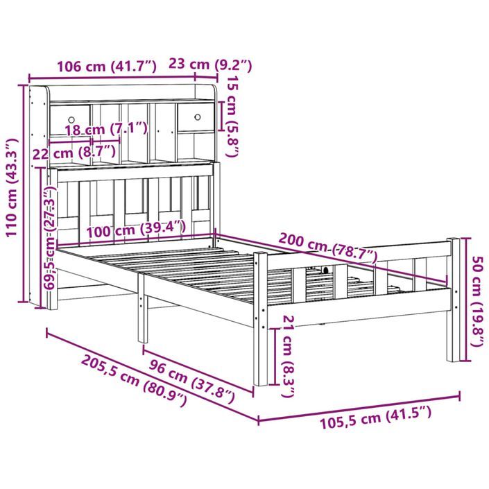 Lit bibliothèque sans matelas 100x200 cm bois massif de pin - Photo n°11