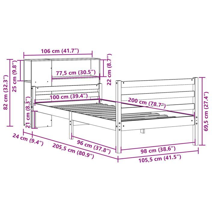 Lit bibliothèque sans matelas 100x200 cm bois massif de pin - Photo n°11