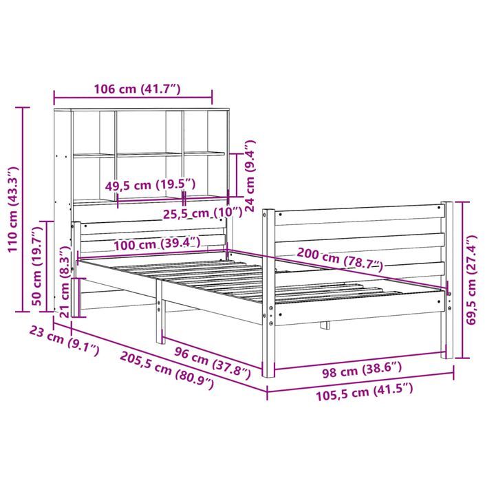 Lit bibliothèque sans matelas 100x200 cm bois massif de pin - Photo n°11