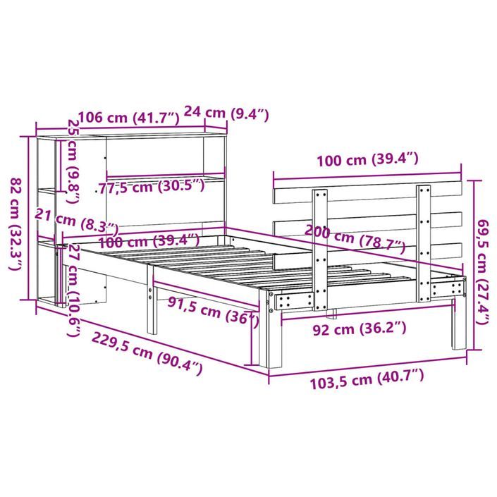 Lit bibliothèque sans matelas 100x200 cm bois massif de pin - Photo n°11