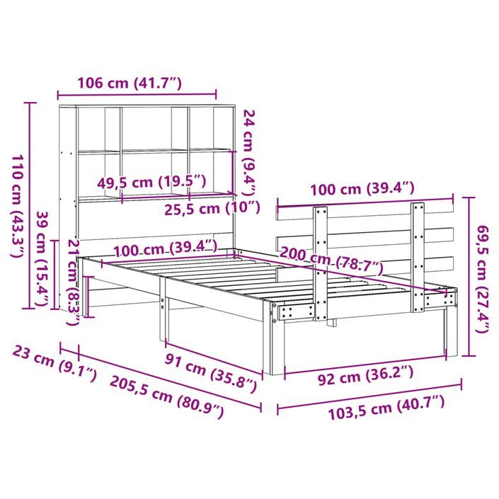 Lit bibliothèque sans matelas 100x200 cm bois massif de pin - Photo n°11