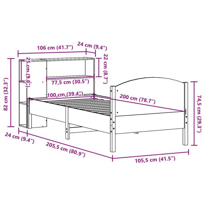 Lit bibliothèque sans matelas 100x200 cm bois massif de pin - Photo n°12