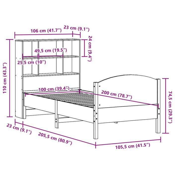 Lit bibliothèque sans matelas 100x200 cm bois massif de pin - Photo n°12