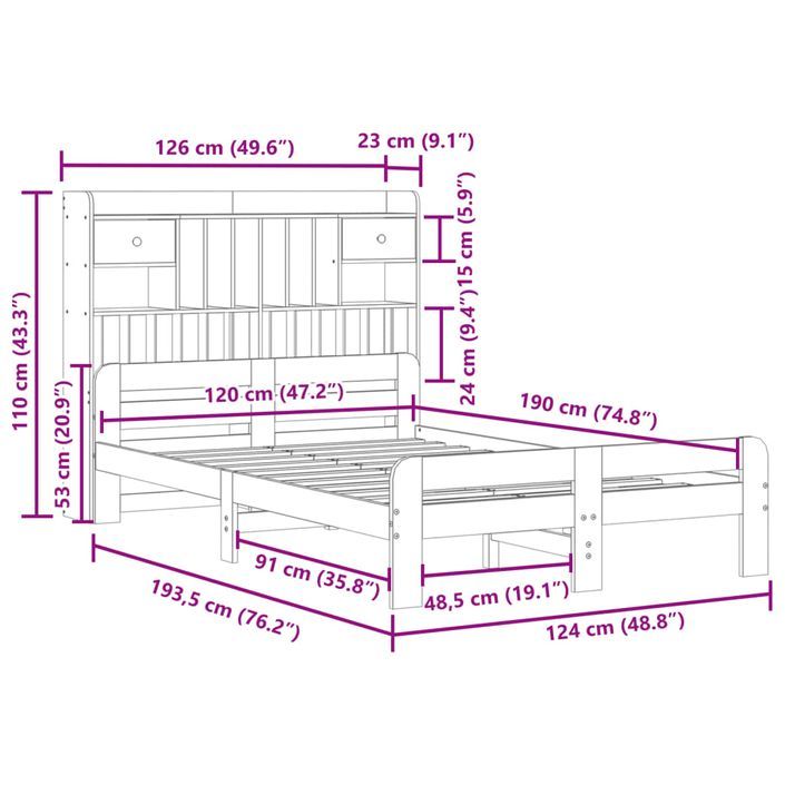 Lit bibliothèque sans matelas 120x190 cm bois de pin massif - Photo n°11