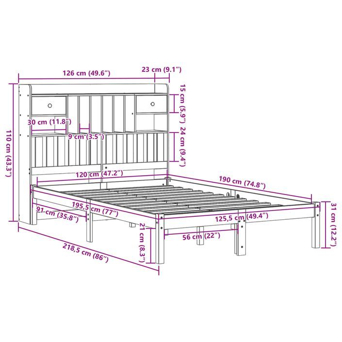 Lit bibliothèque sans matelas 120x190 cm bois de pin massif - Photo n°11