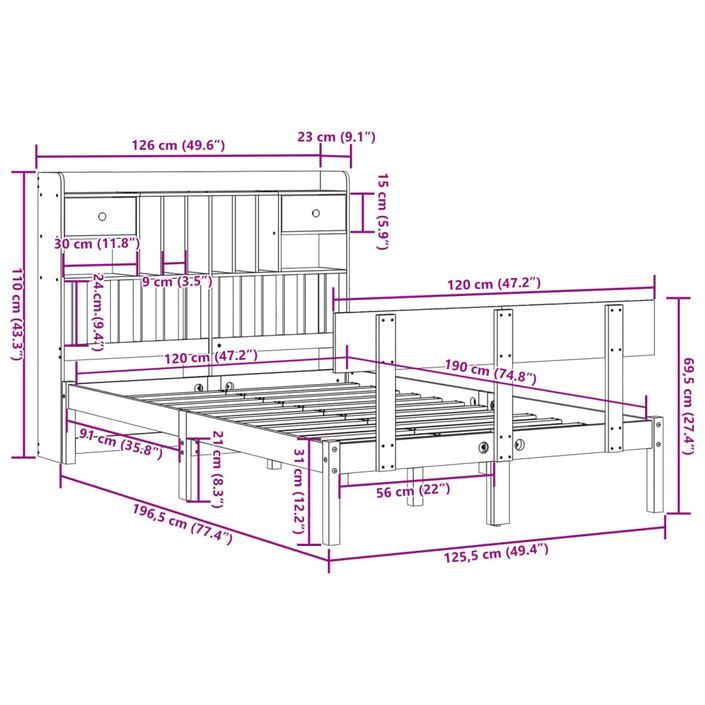 Lit bibliothèque sans matelas 120x190 cm bois de pin massif - Photo n°11