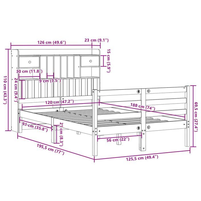 Lit bibliothèque sans matelas 120x190 cm bois de pin massif - Photo n°11