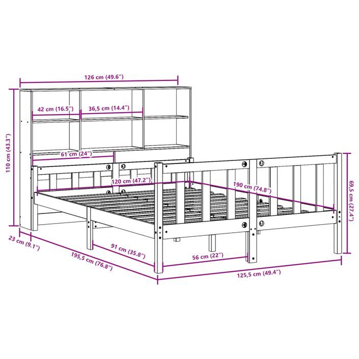 Lit bibliothèque sans matelas 120x190 cm bois de pin massif - Photo n°12