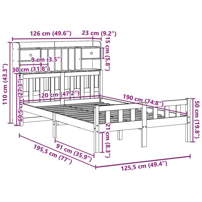 Lit bibliothèque sans matelas 120x190 cm bois de pin massif - Photo n°11