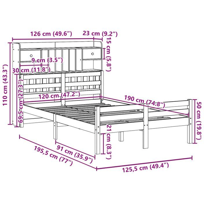 Lit bibliothèque sans matelas 120x190 cm bois de pin massif - Photo n°11