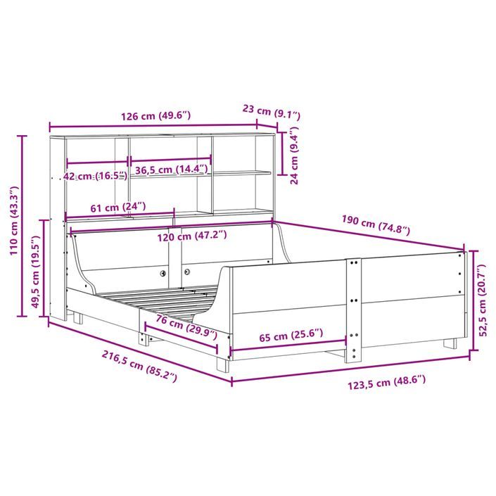 Lit bibliothèque sans matelas 120x190 cm bois massif - Photo n°12