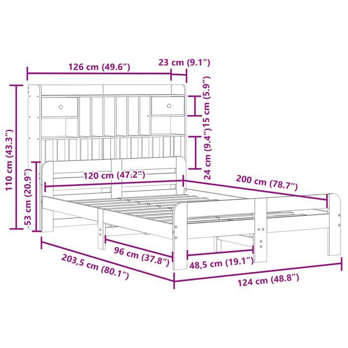 Lit bibliothèque sans matelas 120x200 cm bois de pin massif - Photo n°11
