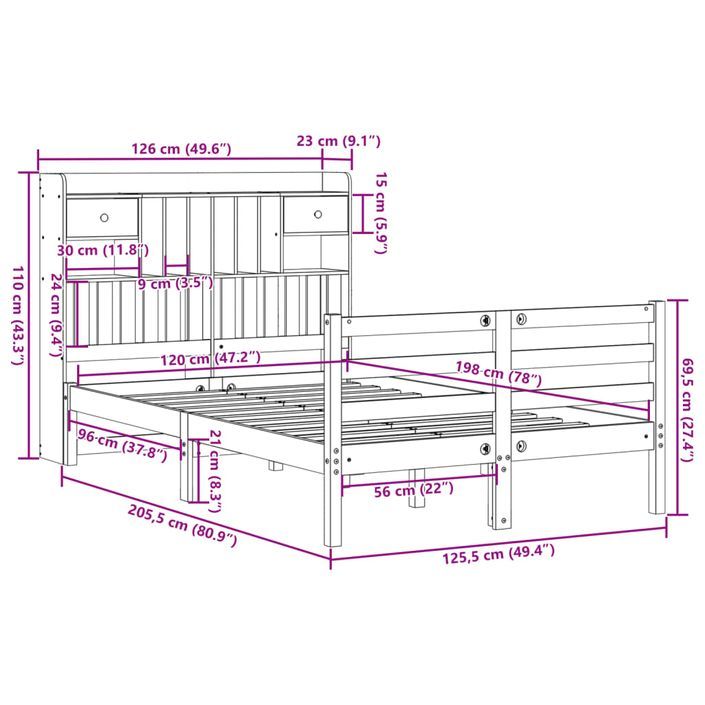 Lit bibliothèque sans matelas 120x200 cm bois de pin massif - Photo n°11