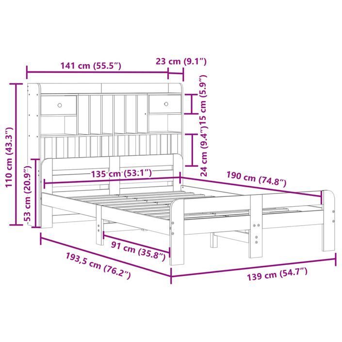 Lit bibliothèque sans matelas 135x190 cm bois de pin massif - Photo n°11