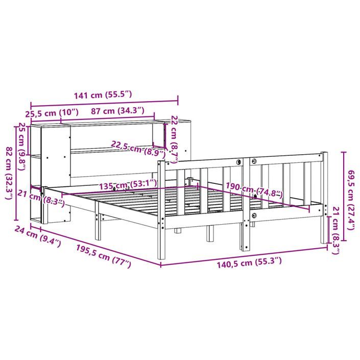 Lit bibliothèque sans matelas 135x190 cm bois de pin massif - Photo n°11