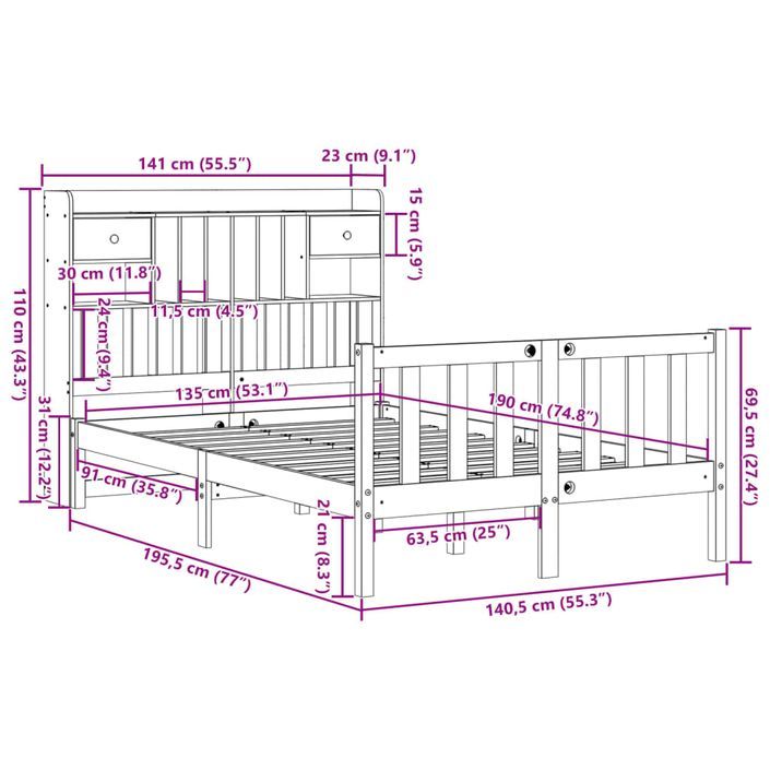 Lit bibliothèque sans matelas 135x190 cm bois de pin massif - Photo n°11