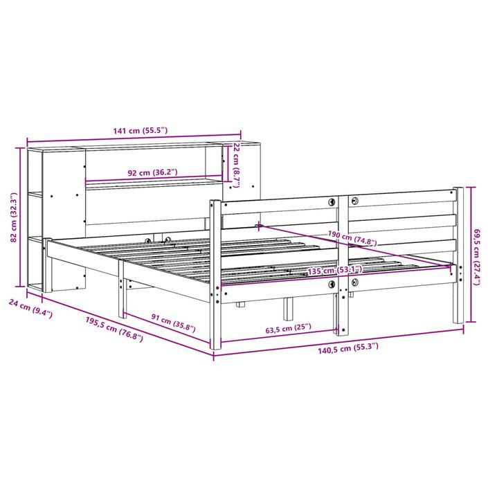 Lit bibliothèque sans matelas 135x190 cm bois de pin massif - Photo n°11