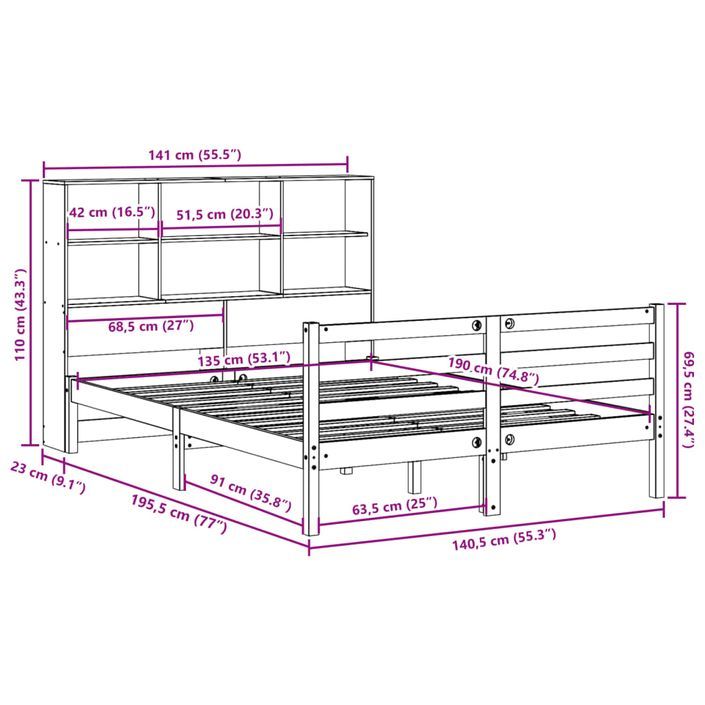 Lit bibliothèque sans matelas 135x190 cm bois de pin massif - Photo n°11