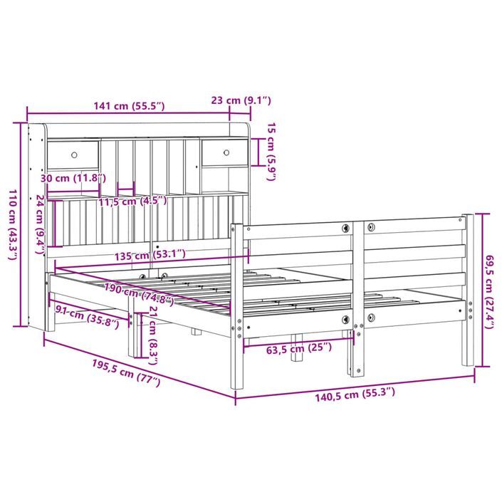 Lit bibliothèque sans matelas 135x190 cm bois de pin massif - Photo n°11