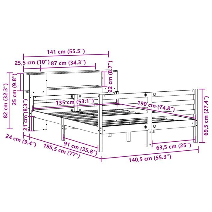 Lit bibliothèque sans matelas 135x190 cm bois de pin massif - Photo n°11