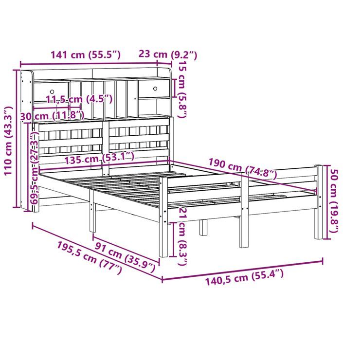 Lit bibliothèque sans matelas 135x190 cm bois de pin massif - Photo n°11