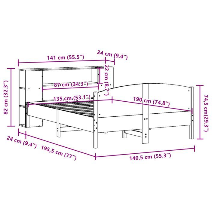 Lit bibliothèque sans matelas 135x190 cm bois de pin massif - Photo n°12