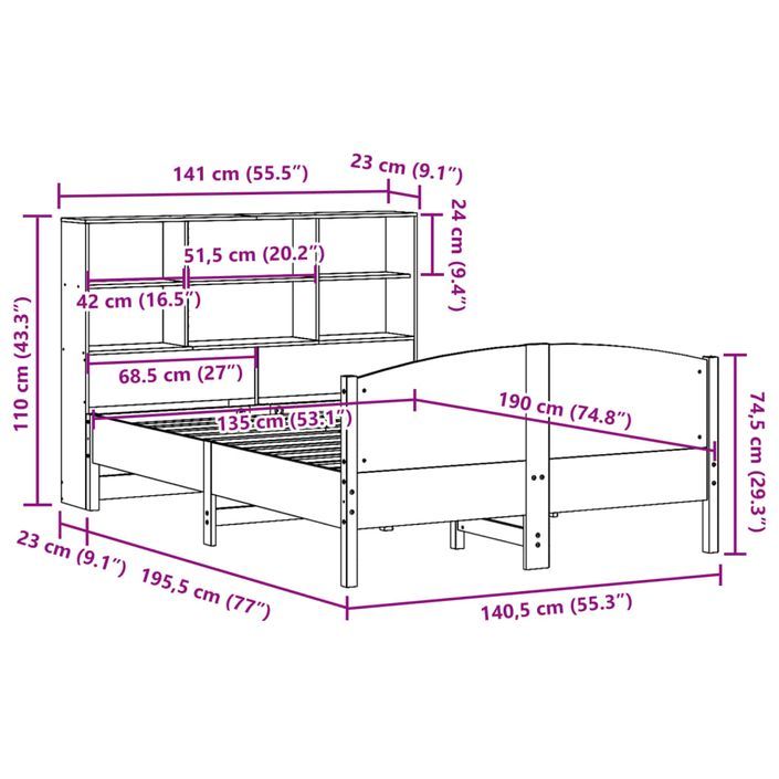 Lit bibliothèque sans matelas 135x190 cm bois de pin massif - Photo n°12