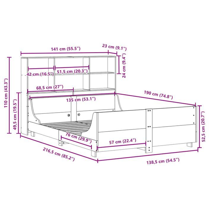 Lit bibliothèque sans matelas 135x190 cm bois massif - Photo n°12