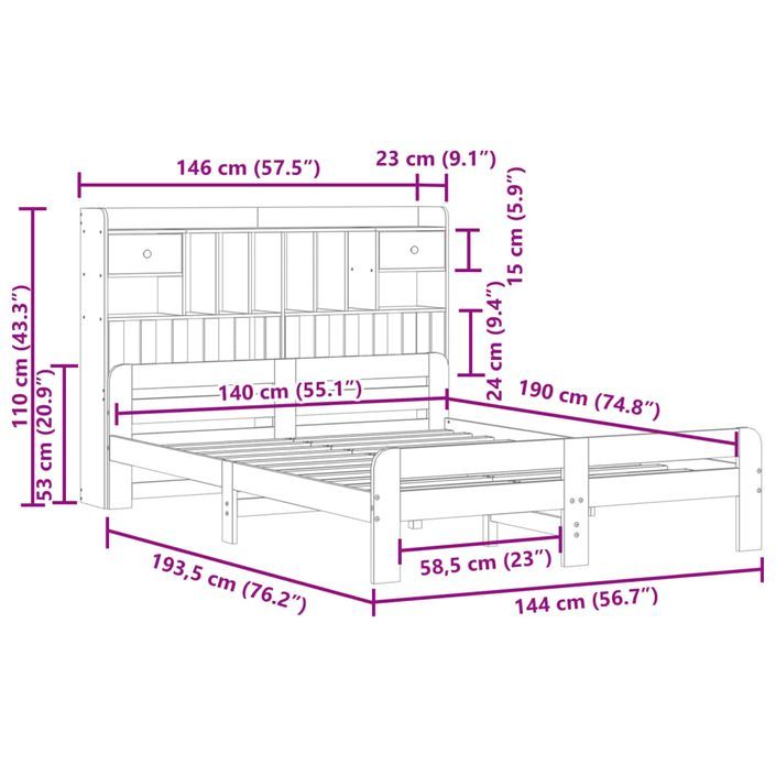 Lit bibliothèque sans matelas 140x190 cm bois de pin massif - Photo n°11