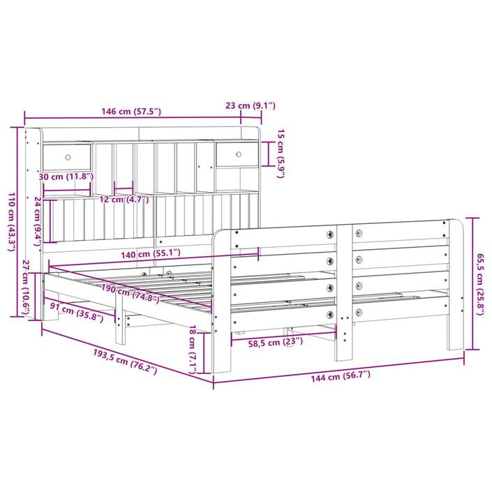 Lit bibliothèque sans matelas 140x190 cm bois de pin massif - Photo n°11