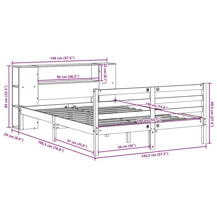 Lit bibliothèque sans matelas 140x190 cm bois de pin massif - Photo n°11