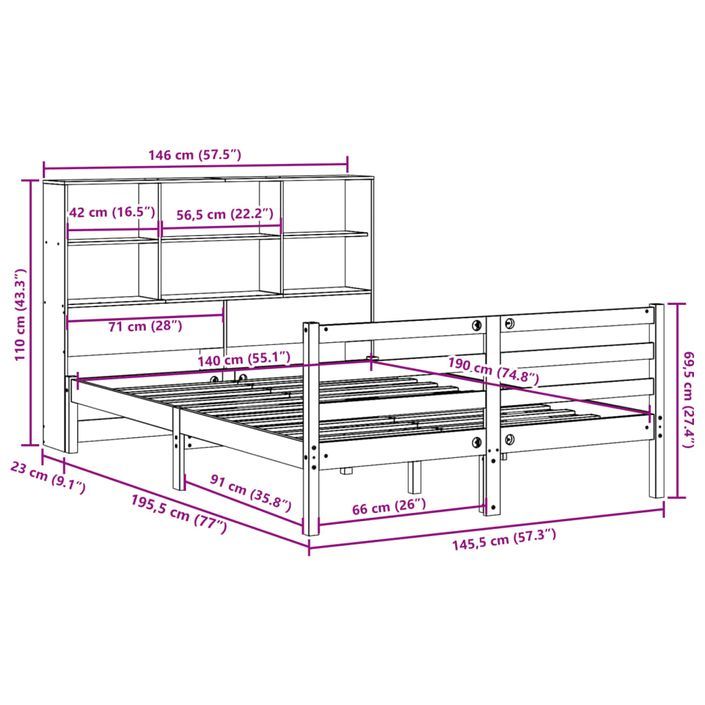 Lit bibliothèque sans matelas 140x190 cm bois de pin massif - Photo n°11