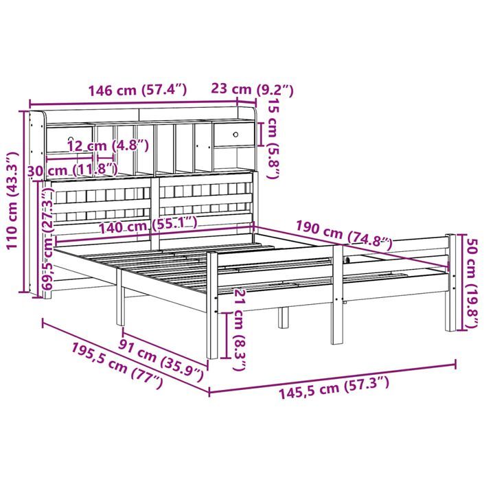 Lit bibliothèque sans matelas 140x190 cm bois de pin massif - Photo n°11