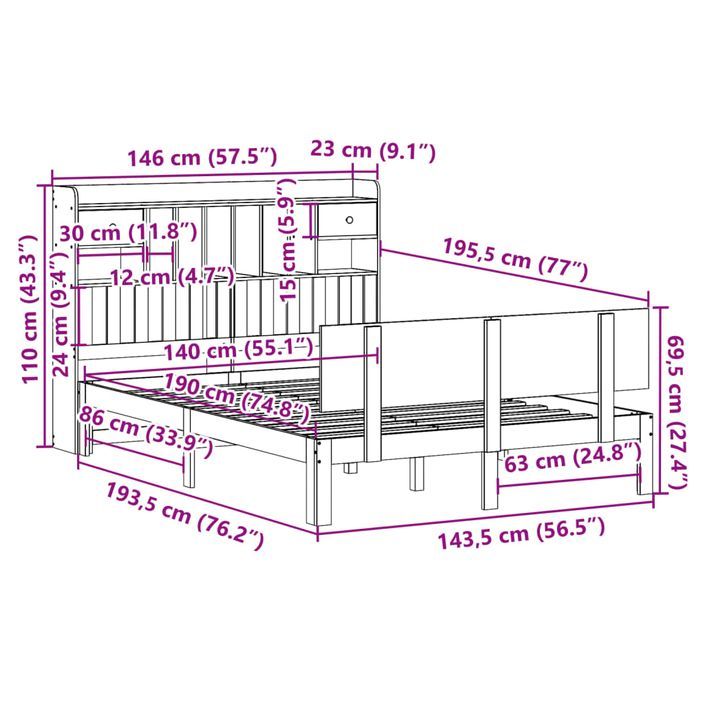 Lit bibliothèque sans matelas 140x190 cm bois de pin massif - Photo n°11