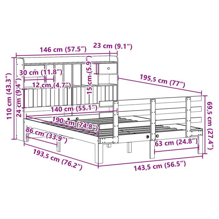 Lit bibliothèque sans matelas 140x190 cm bois de pin massif - Photo n°11