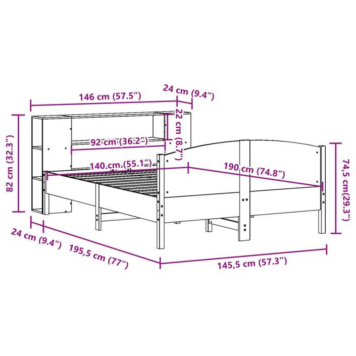 Lit bibliothèque sans matelas 140x190 cm bois de pin massif - Photo n°12