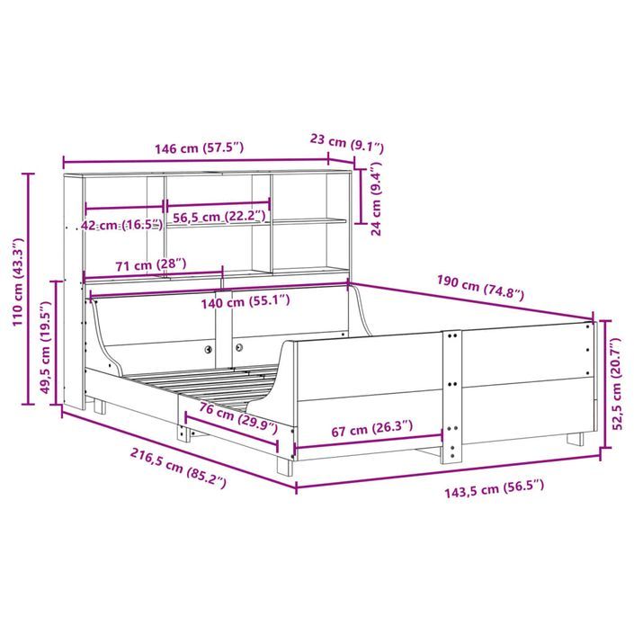 Lit bibliothèque sans matelas 140x190 cm bois massif - Photo n°12