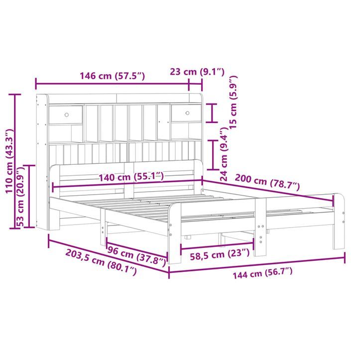 Lit bibliothèque sans matelas 140x200 cm bois massif de pin - Photo n°11