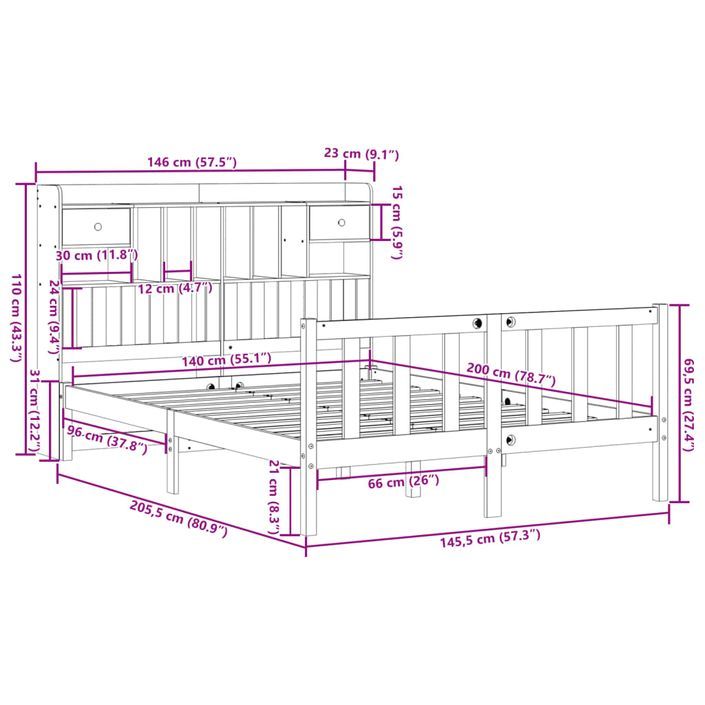 Lit bibliothèque sans matelas 140x200 cm bois massif de pin - Photo n°11