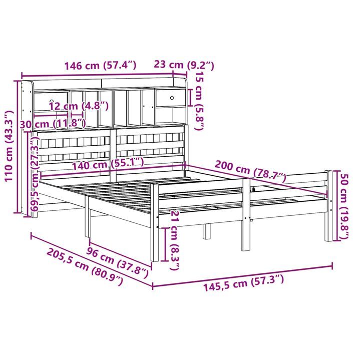 Lit bibliothèque sans matelas 140x200 cm bois massif de pin - Photo n°11